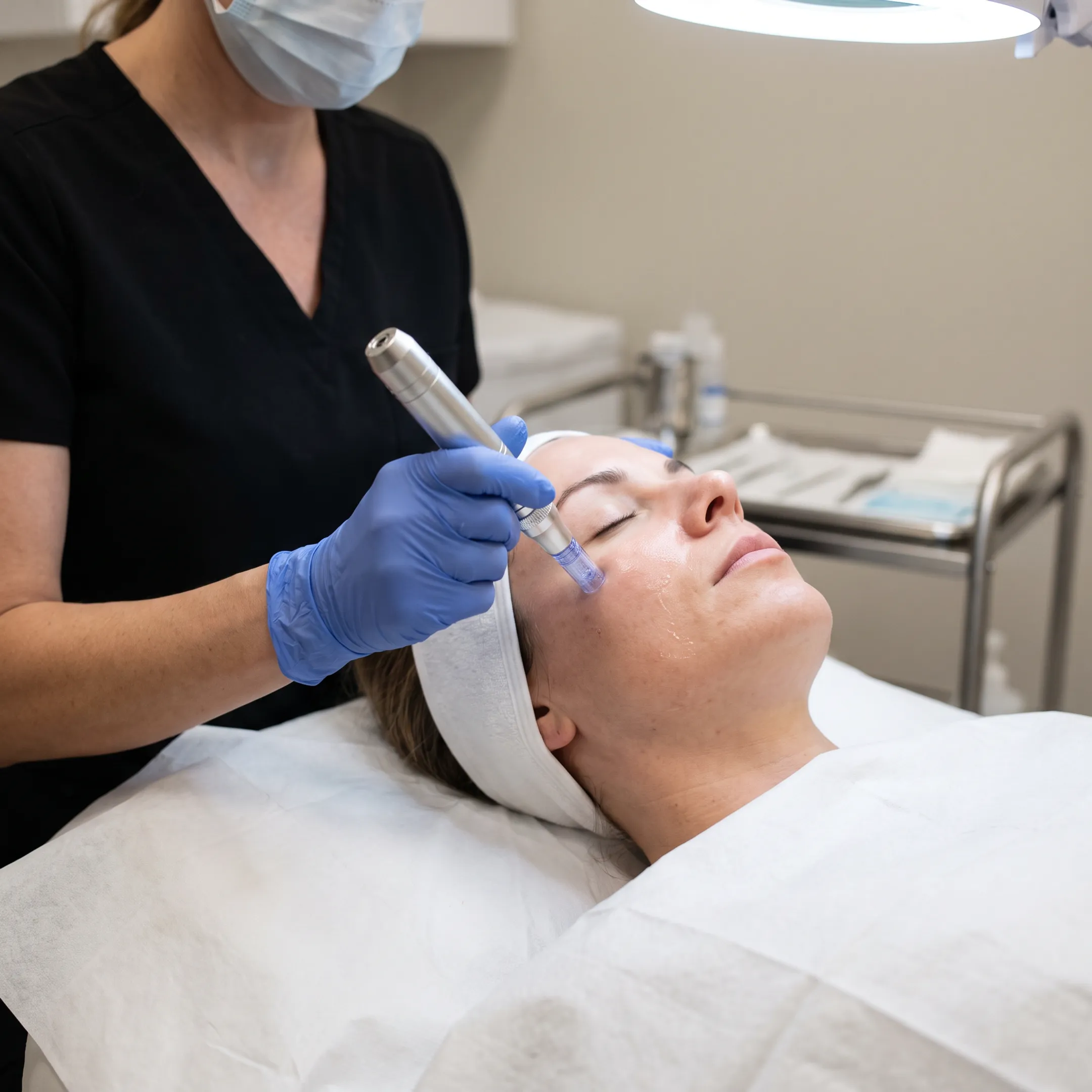 Client receiving personalized microneedling skin treatment