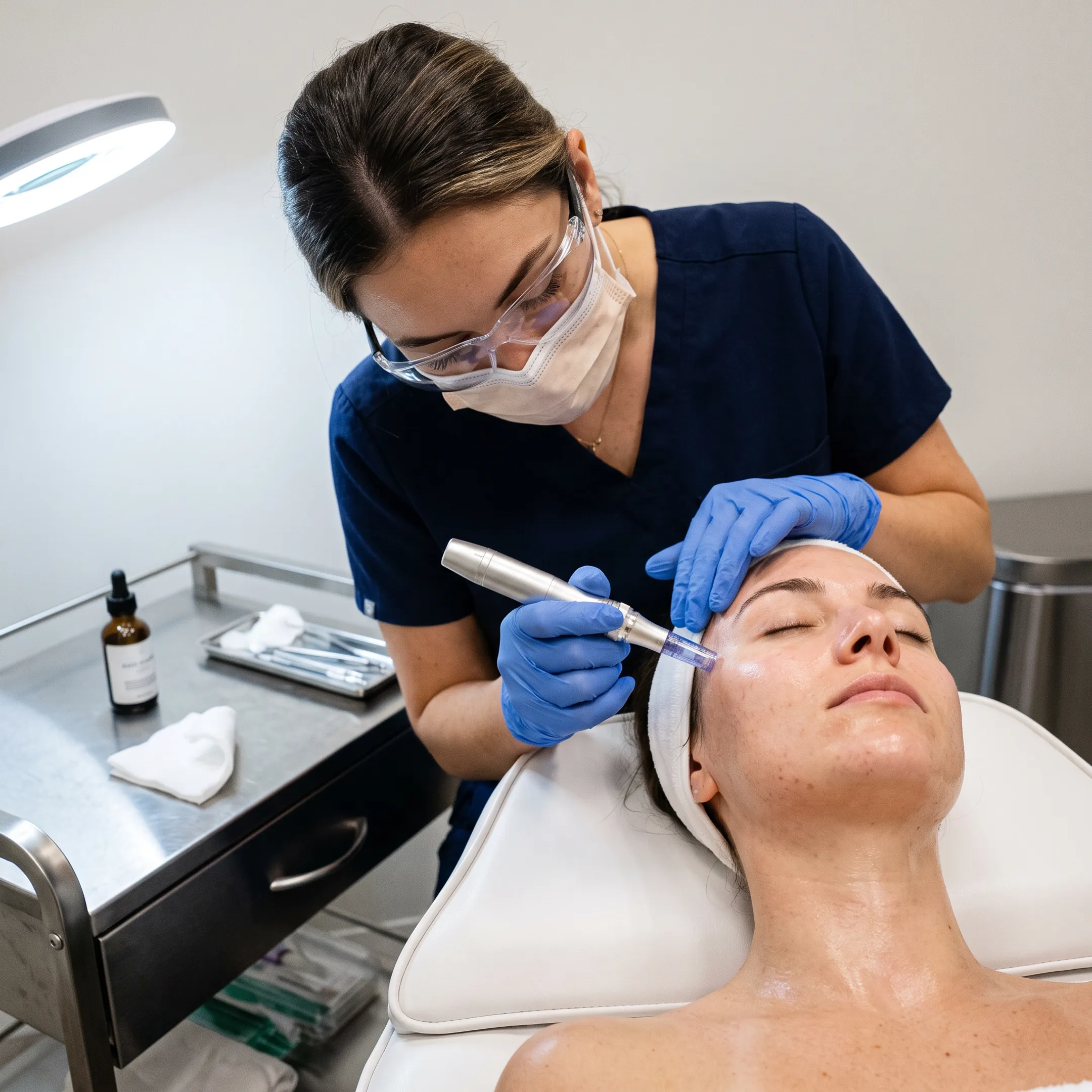Aesthetician performing microneedling treatment on a client in a modern Texas med spa