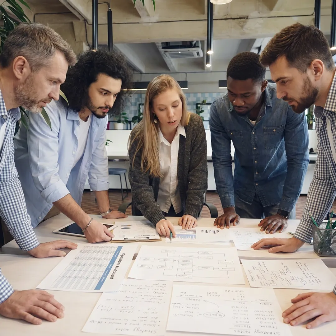 Business operations consultants reviewing assessment strategy