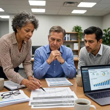 Financial consultants reviewing nonprofit performance metrics