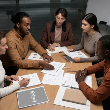 Facilitator leading a nonprofit board governance review meeting