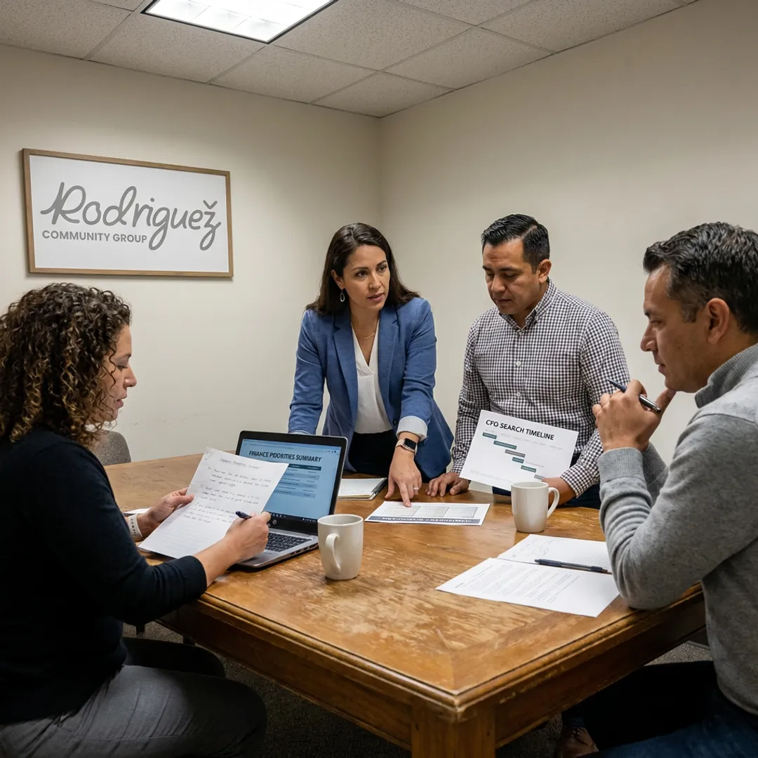 Nonprofit leaders reviewing CFO search plan