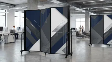 Branded retractable panel screens dividing open-plan corporate office workspace