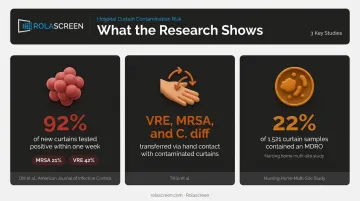 Hospital curtain contamination statistics infographic showing MRSA VRE and MDRO rates
