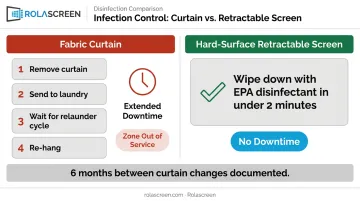 Fabric curtain versus hard-surface retractable screen cleaning process comparison infographic