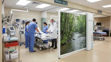 Rolascreen retractable medical privacy screen deployed in hospital patient bay