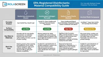 Four EPA disinfectant categories surface compatibility comparison chart for healthcare