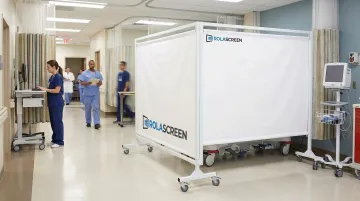 Rolascreen portable retractable privacy screen deployed in clinical healthcare facility setting