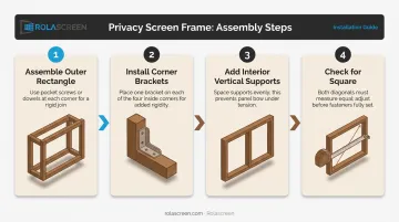 4-step freestanding privacy screen frame assembly process flow infographic