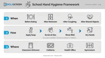 School hand hygiene implementation framework showing when where and how infographic