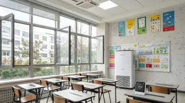 School classroom with open windows HEPA air purifier and CO2 monitor for ventilation