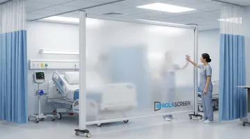 Rolascreen retractable non-porous privacy screen panel in clinical hospital room