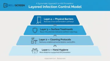 Four-layer healthcare infection control hierarchy from physical barriers to hand hygiene