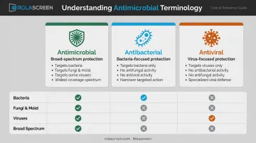 Antimicrobial versus antibacterial versus antiviral surface finish comparison infographic