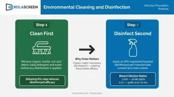 Two-step environmental cleaning and disinfection process with bleach dilution specifications infographic