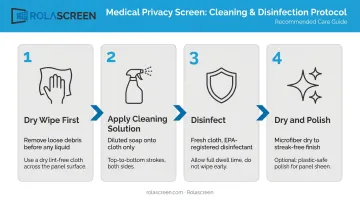 4-step sneeze guard cleaning process from dry wipe to polish infographic