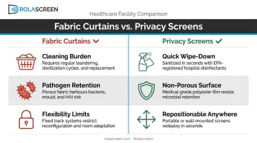 Fabric curtains versus non-porous privacy screens three-problem comparison infographic