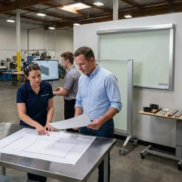 Team reviewing CAD plans for healthcare privacy screens