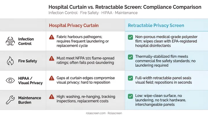 Privacy screen versus hospital curtain four-dimension compliance comparison chart