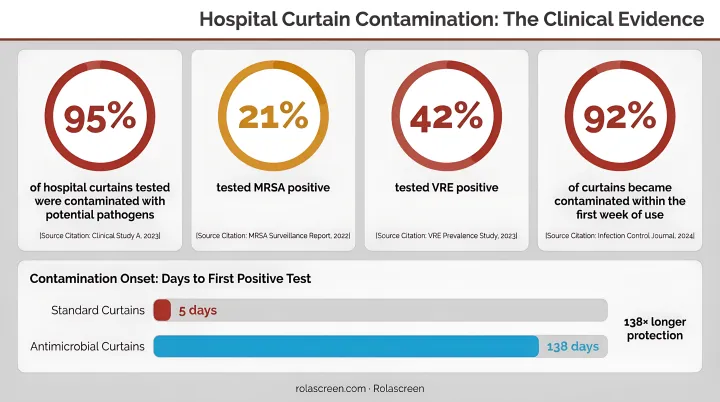 Hospital curtain contamination statistics showing MRSA VRE and pathogen percentages