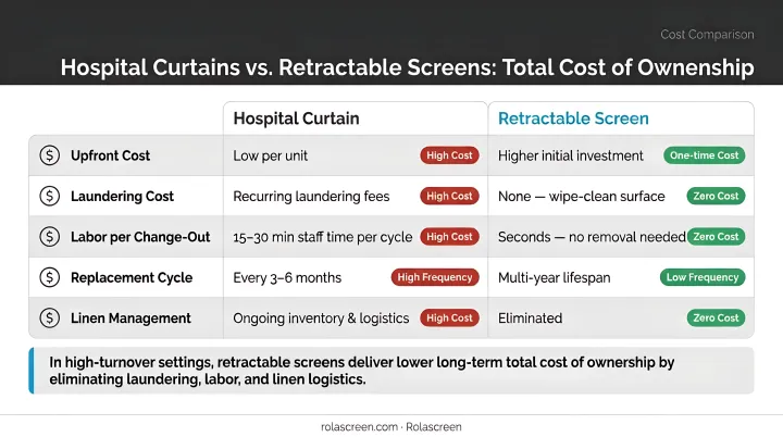Hospital curtain versus retractable screen five-factor lifecycle cost comparison infographic