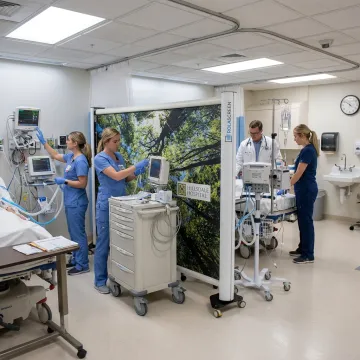 Retractable healthcare privacy screens in a hospital room