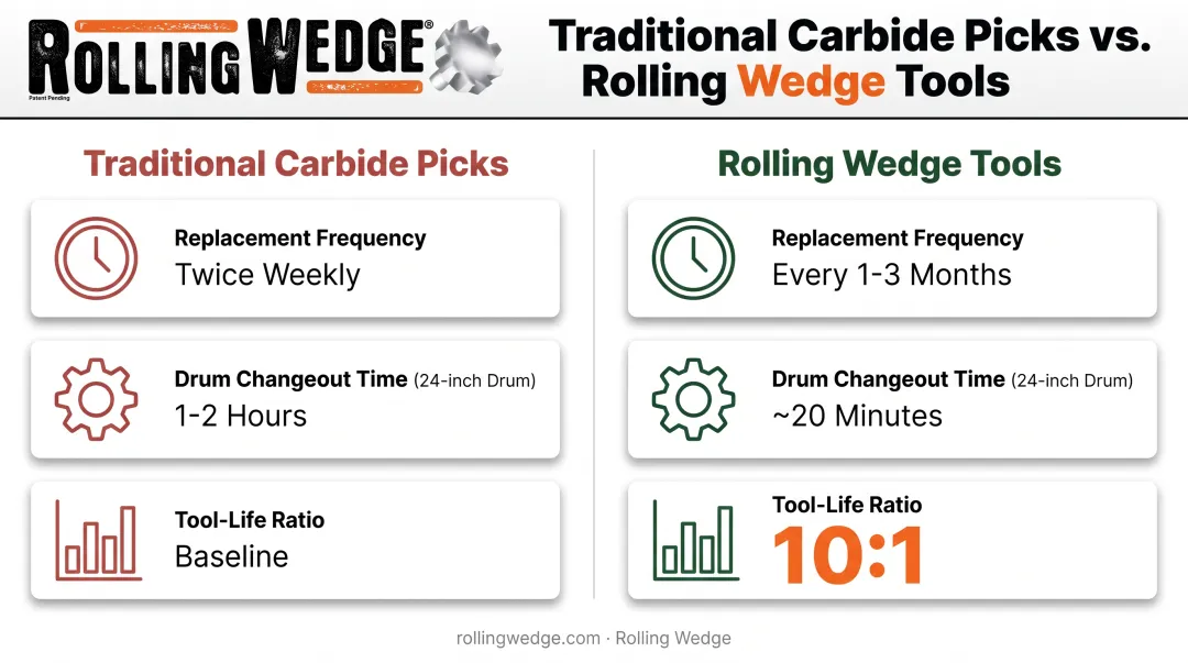 Carbide picks versus Rolling Wedge tools replacement interval comparison chart