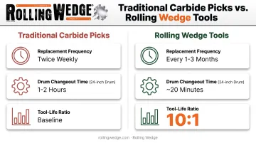 Carbide picks versus Rolling Wedge tools replacement interval comparison chart