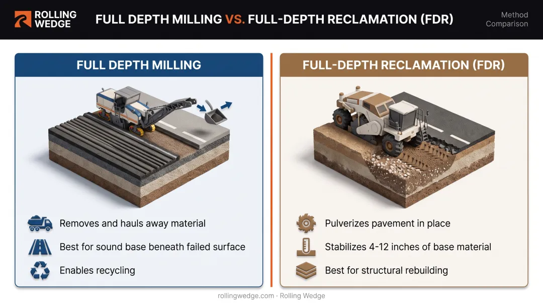 Full depth milling versus full-depth reclamation decision comparison infographic