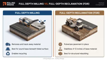 Full depth milling versus full-depth reclamation decision comparison infographic