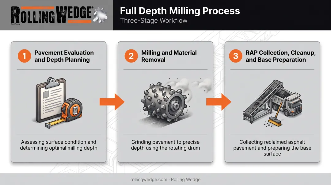 Full depth milling process flow from evaluation to base repaving