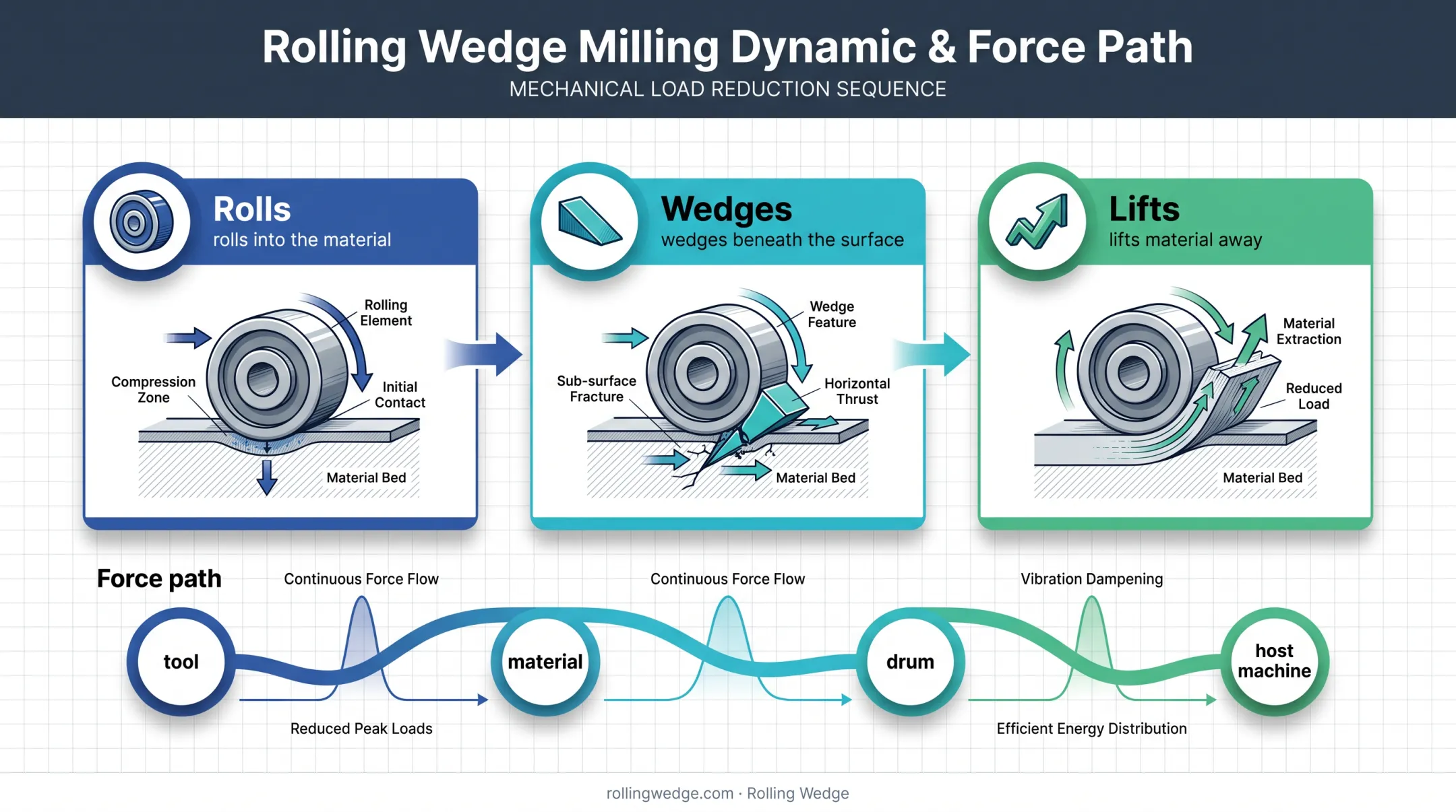 Three-stage rolling-wedge milling action from engagement to material removal
