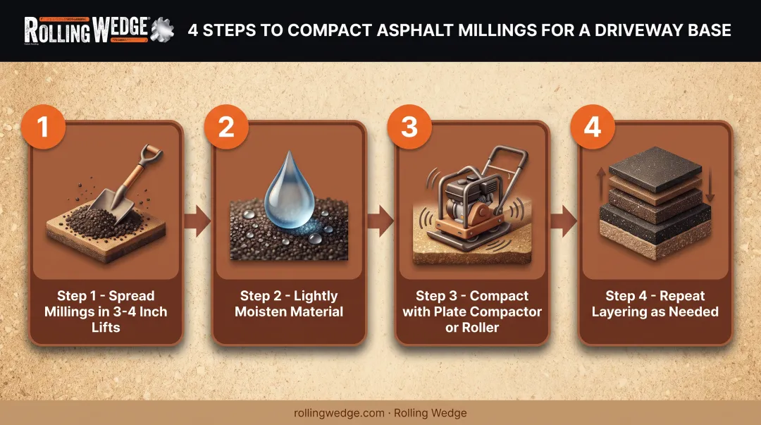 4-step asphalt millings compaction process for driveway base