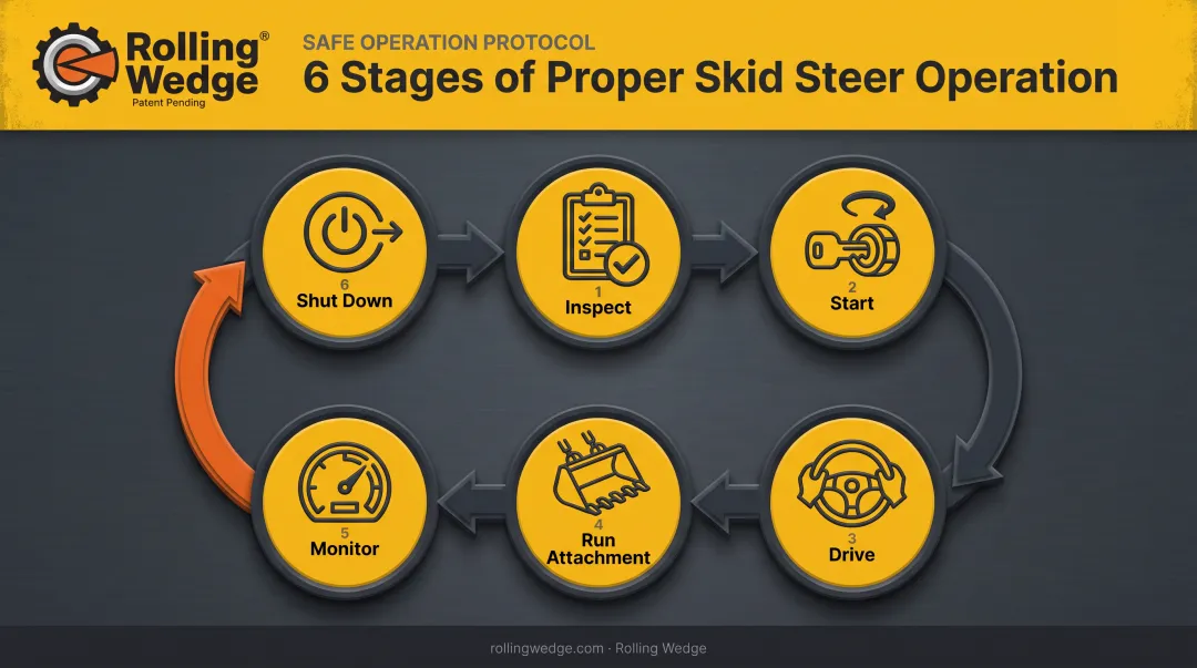 6-step skidsteer operation sequence from inspection to shutdown