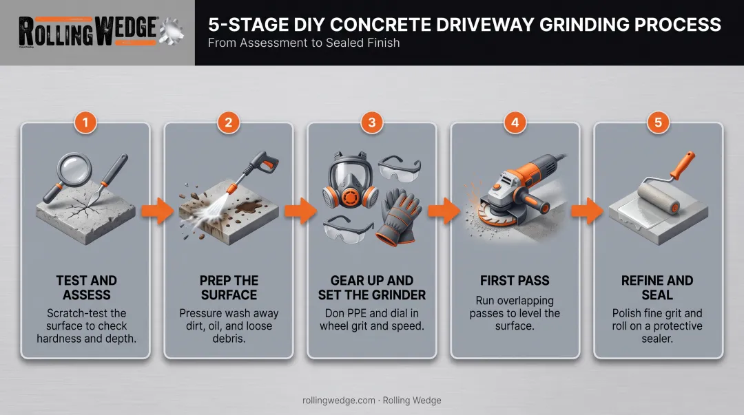 5-step concrete driveway grinding process from testing to sealing