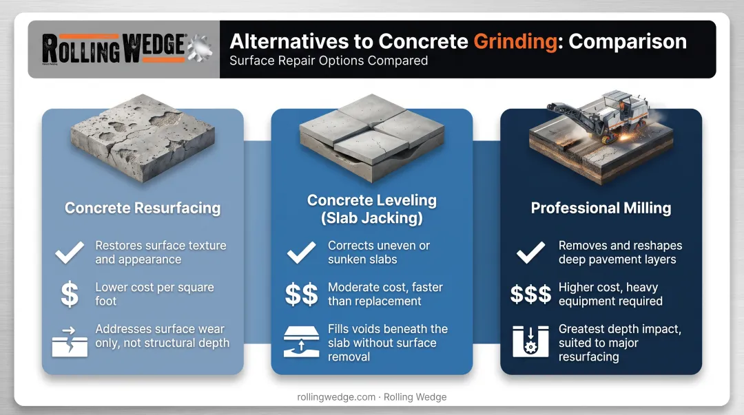 Comparison of concrete resurfacing leveling and milling as alternatives to grinding