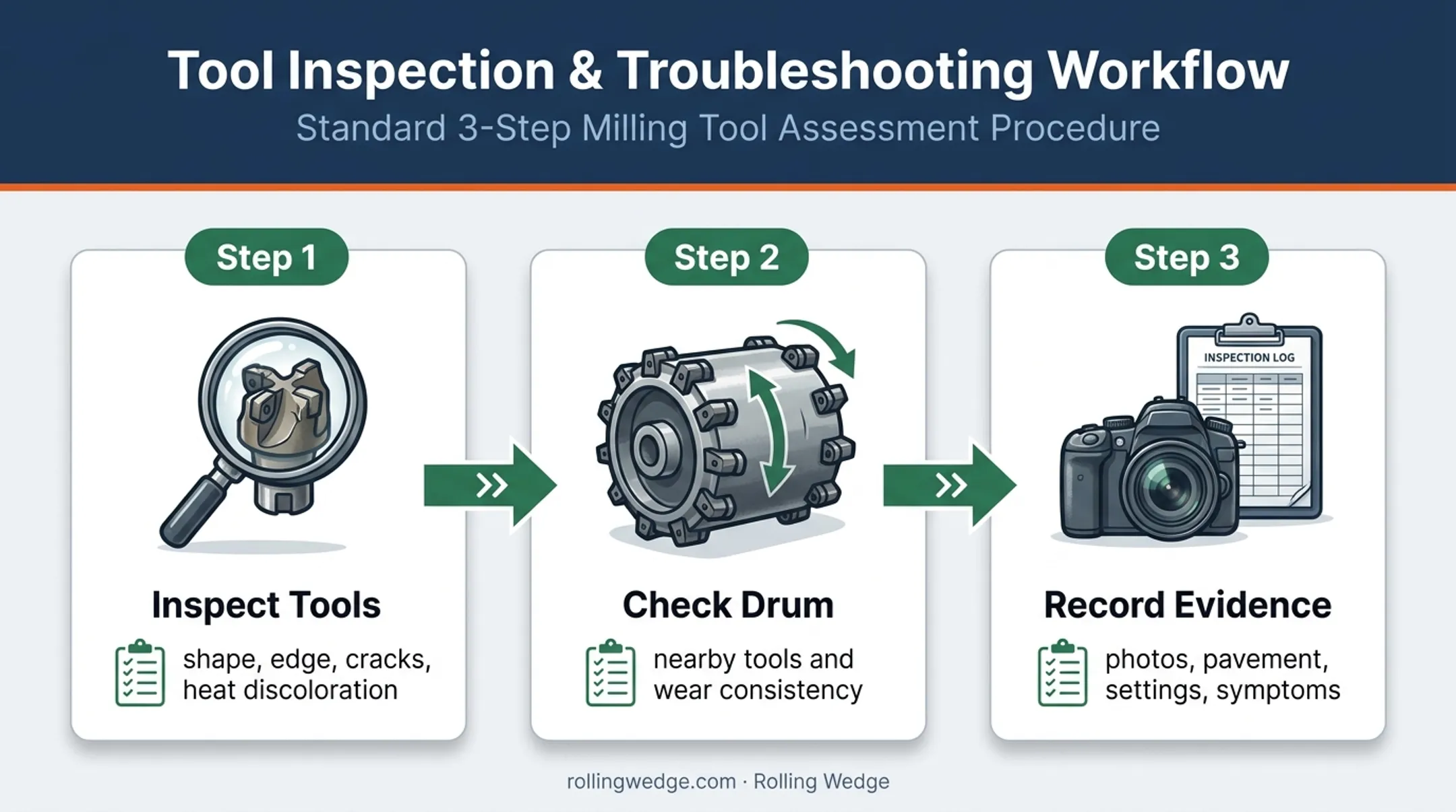 Three-step milling tool wear inspection and documentation workflow