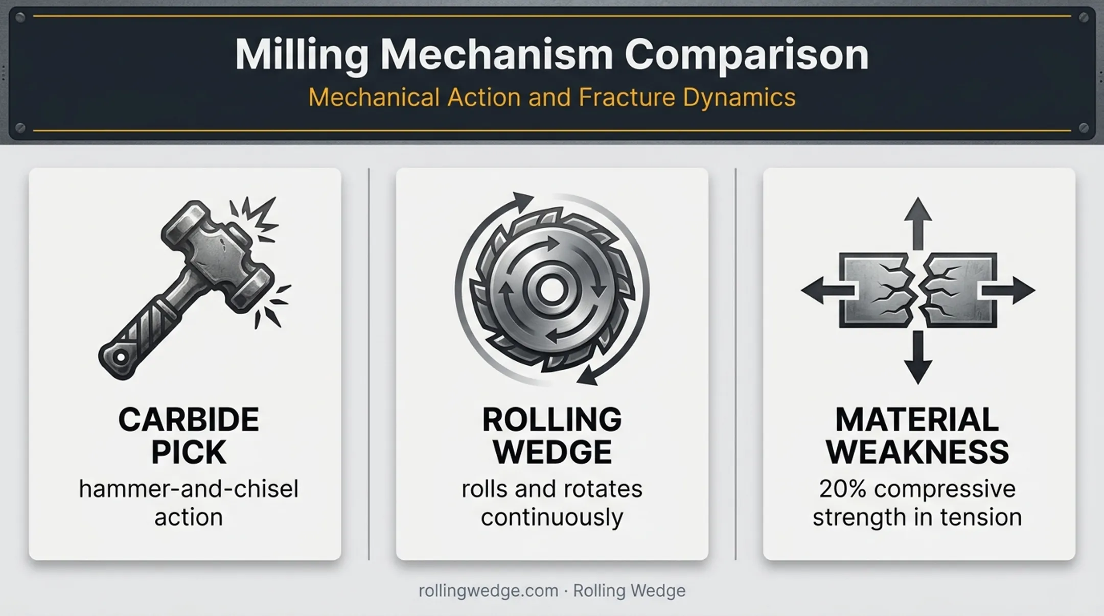Rolling Wedge Milling Tool mechanism versus carbide pick action