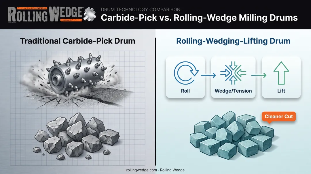 Rolling wedge lifting drum technology versus traditional carbide pick comparison