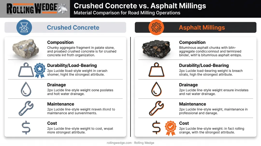 Crushed concrete versus asphalt millings driveway material comparison chart