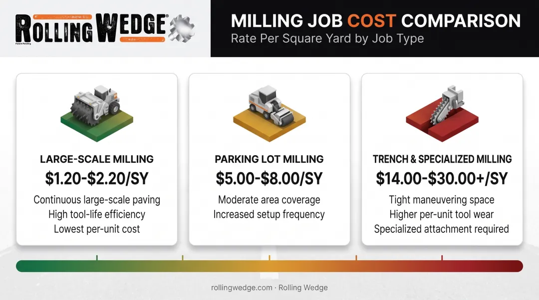 Asphalt milling cost comparison chart across job size and depth categories
