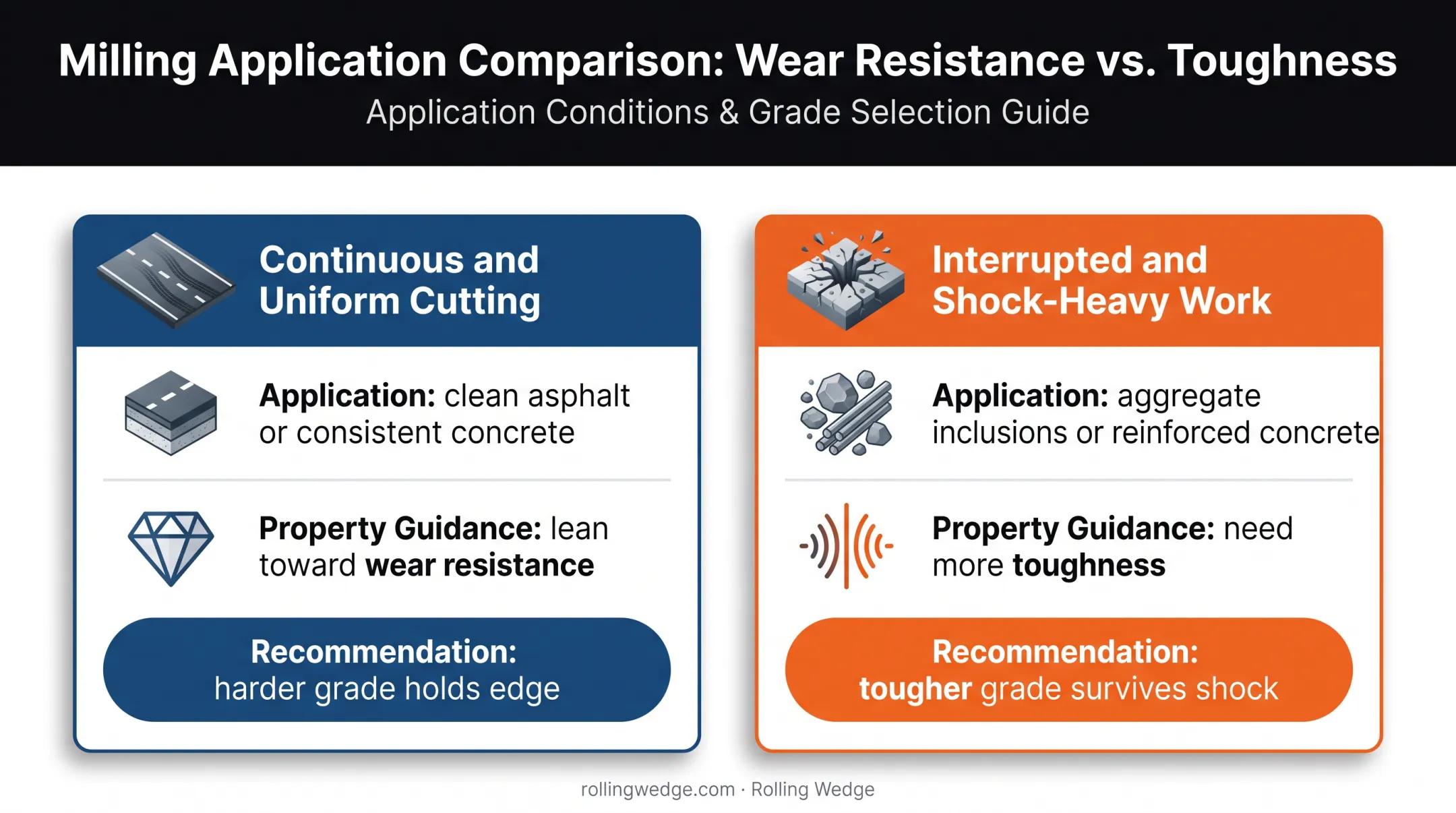 Hardness versus toughness guide for road milling conditions
