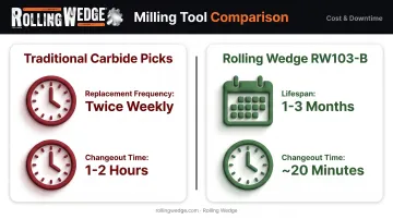 Carbide picks versus Rolling Wedge milling tool lifespan and changeout comparison