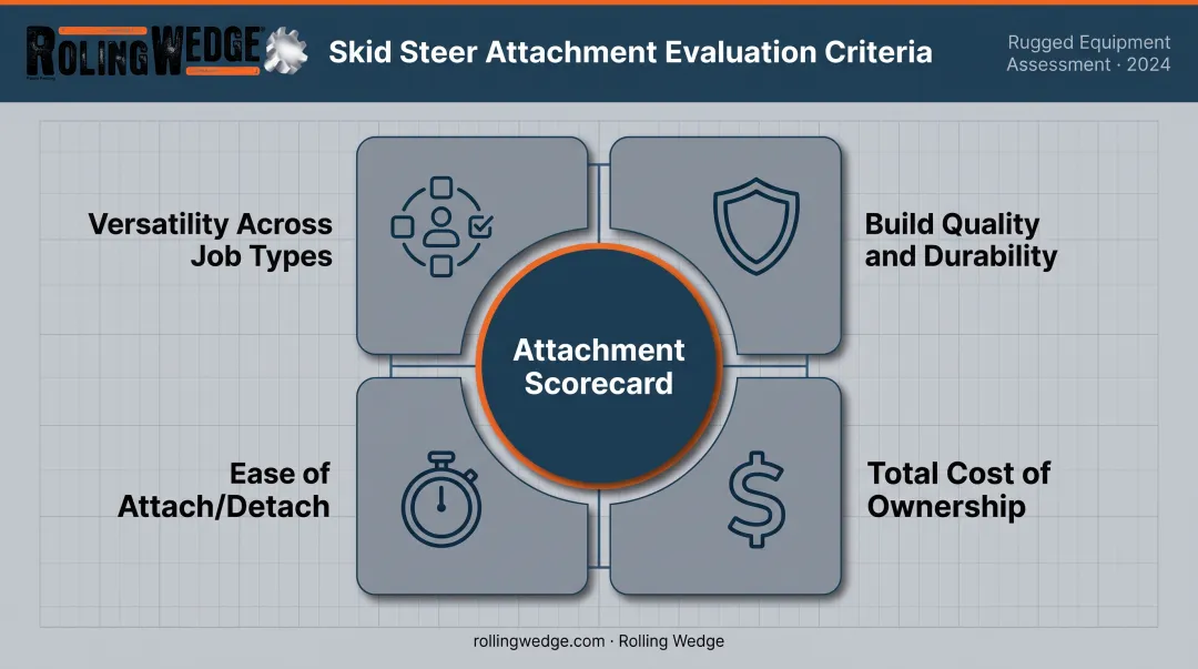 Four-factor skidsteer attachment evaluation framework and scoring criteria