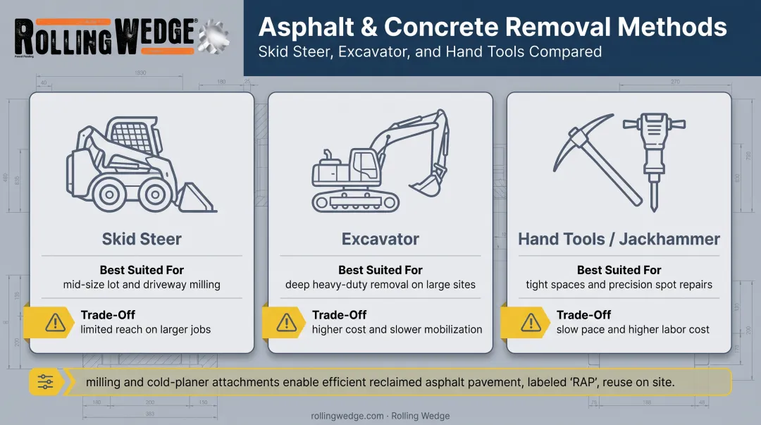 Skidsteer versus excavator versus hand tools asphalt removal comparison