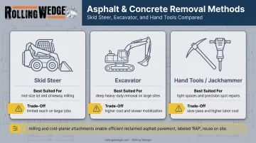 Skidsteer versus excavator versus hand tools asphalt removal comparison