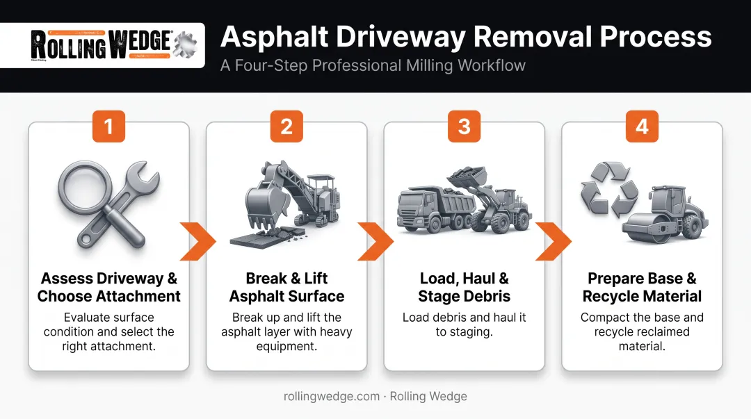 4-step asphalt driveway removal process using skidsteer attachments