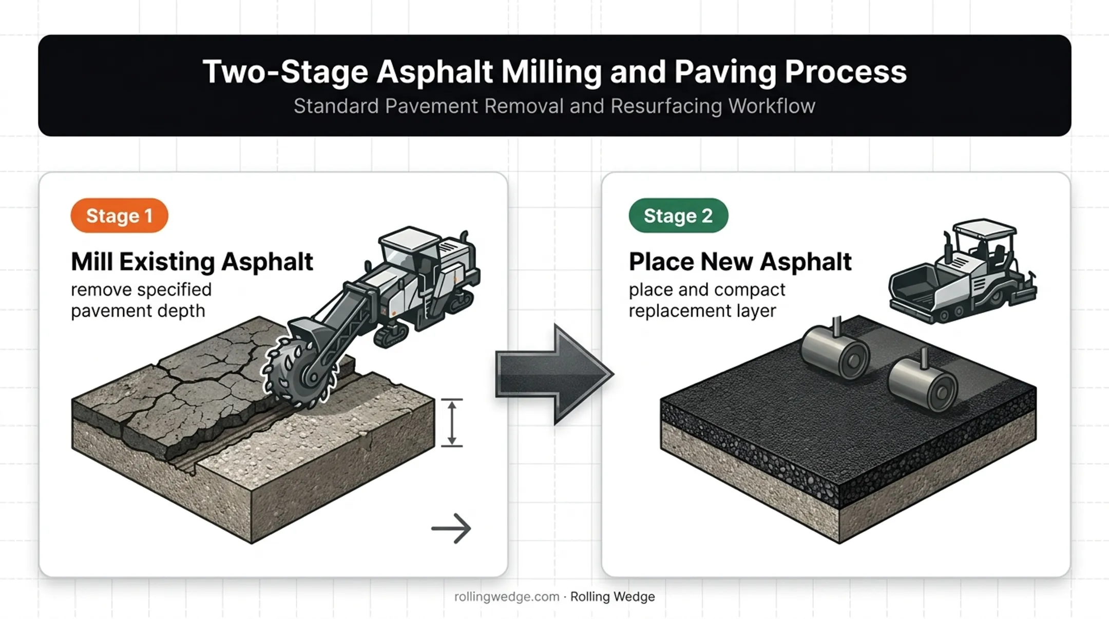 Two-stage mill and fill pavement rehabilitation process diagram
