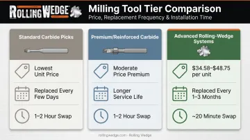 Three-tier milling tool pricing comparison chart showing cost and durability