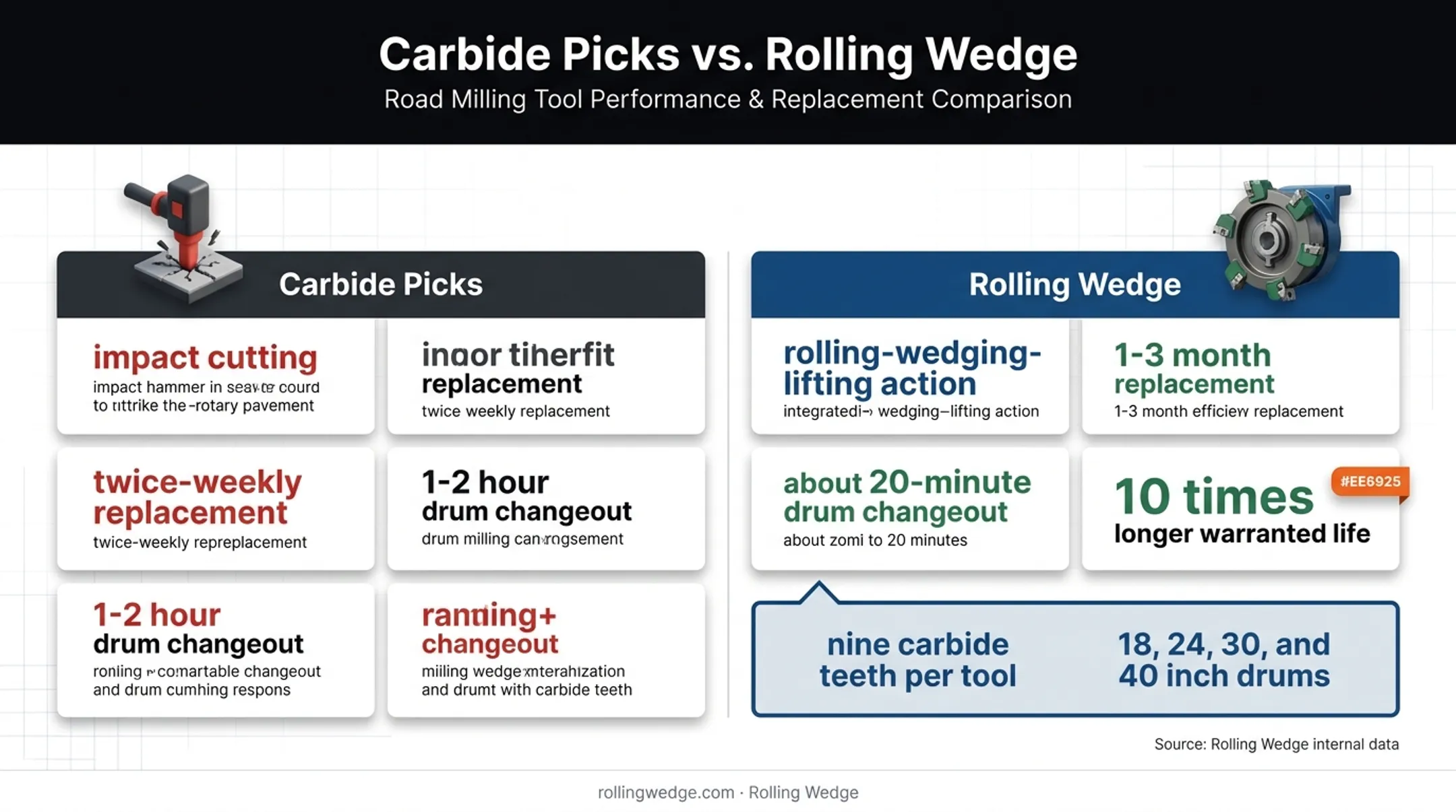 Rolling Wedge and carbide pick tooling performance comparison